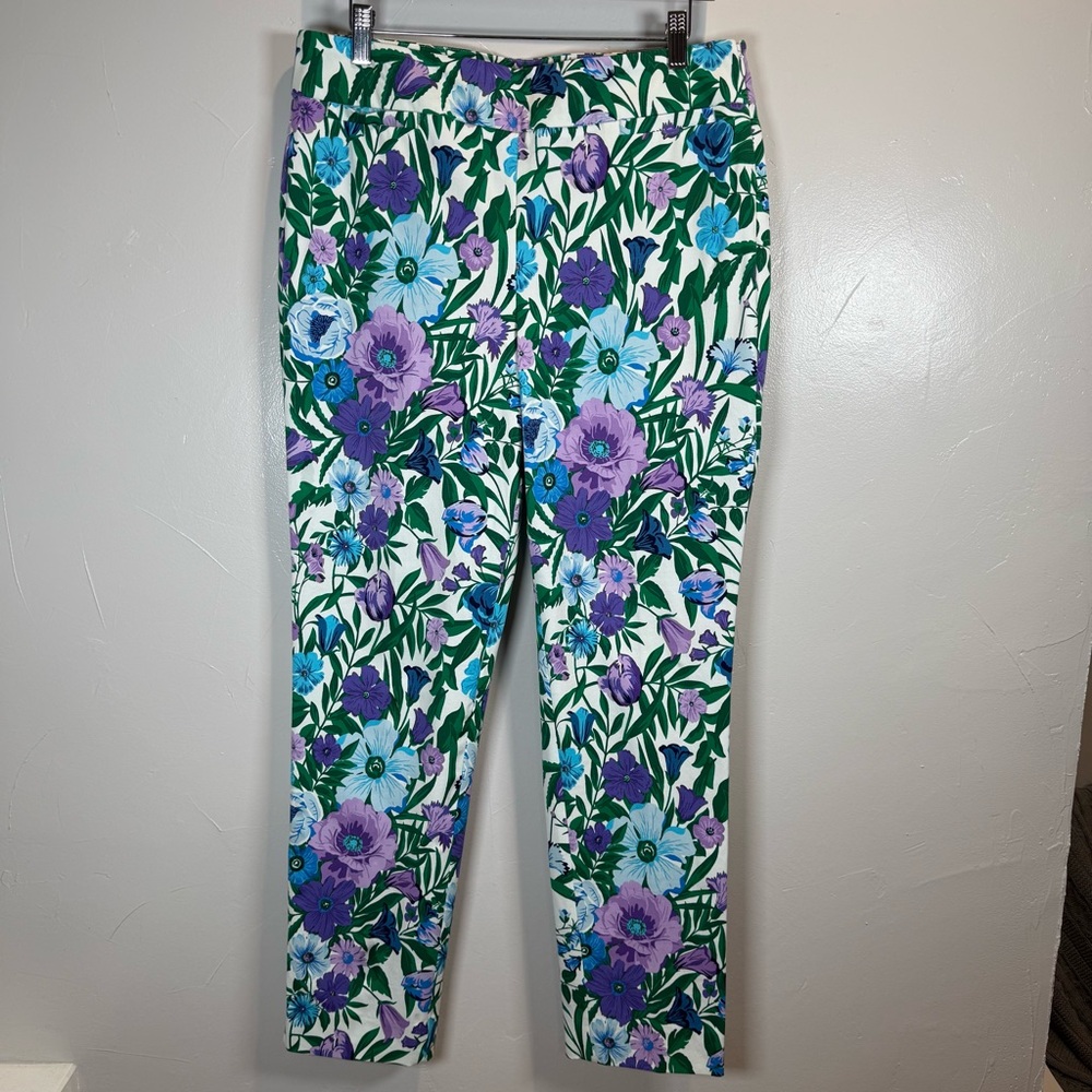 Talbots White Floral Cropped Pants with Purple & Blue Flowers